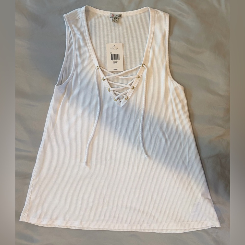 GUESS White Ribbed Lace-Up V-Neck Tank